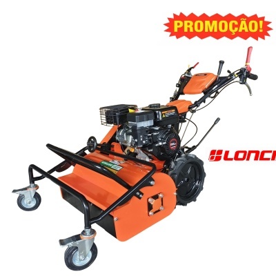 Máquina de jardinagem LONCIN motorizada laranja e preta em fundo branco com texto PROMOÇÃO!