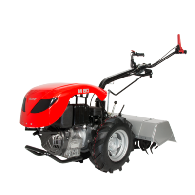 Motoenxada vermelha e metálica com duas rodas e lâmina rotativa