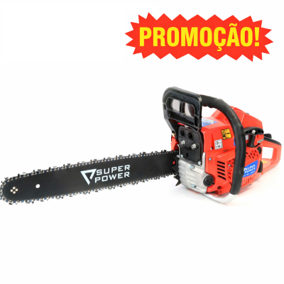 Motosserra vermelha com lâmina preta e texto SUPER POWER em destaque