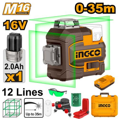 Laser de alinhamento INGCO M16 16V com acessórios e estojo amarelo