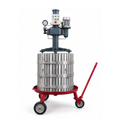 Prensa hidráulica industrial cinzenta e vermelha em fundo branco