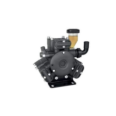 Bomba de aspersão preta com reservatório amarelo e múltiplas conexões tubulares