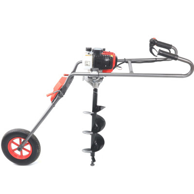 Motor de perfuração com empunhadura e roda, cores vermelho, preto, cinzento e branco.