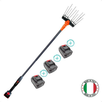 Espremedor elétrico de azeitonas preto e laranja com três baterias e selo 'MADE IN ITALY'