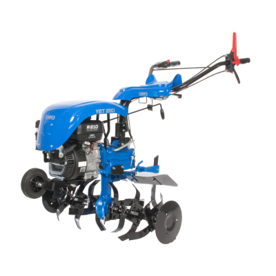 Motocultivador azul com lâminas e motor