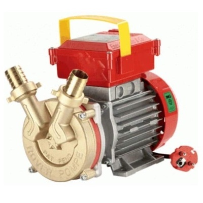 bomba de água elétrica com carcaça metálica dourada e cinzenta com pega amarela e ficha vermelha