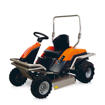 Máquina de jardim laranja com volante preto e assento negro