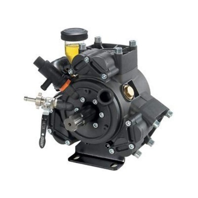 Motor ou bomba mecânica preta com componentes metálicos e depósito amarelo