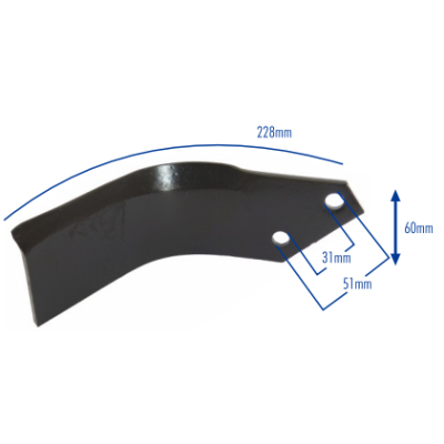 Pá de metal preta com medidas e dois furos em fundo branco