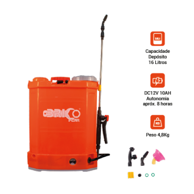 Pulverizador elétrico de mochila laranja com acessórios em fundo branco