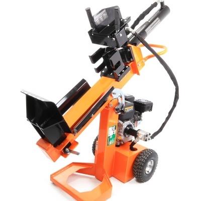 Máquina rachar lenha a gasolina com estrutura laranja e componentes pretos