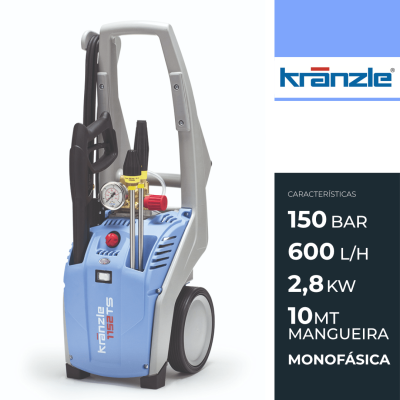 Máquina de lavar alta pressão Kränzle azul com características técnicas em fundo branco