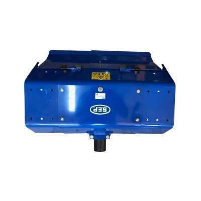 Triturador agrícola azul em metal com selo SEP e etiqueta de segurança