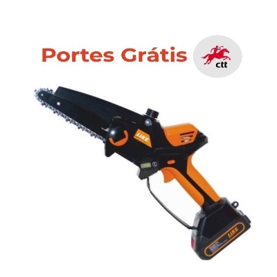 Mini motosserra elétrica portátil preta e laranja com texto Portes Grátis e logótipo CTT.