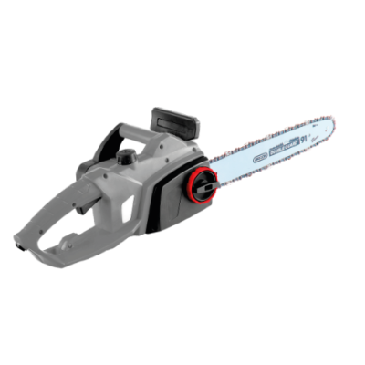 Serra elétrica cinza com punhos pretos e lâmina com texto azul 