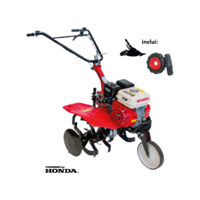Motoenxada vermelha e preta com motor branco Honda, inclui pá e roda adicional