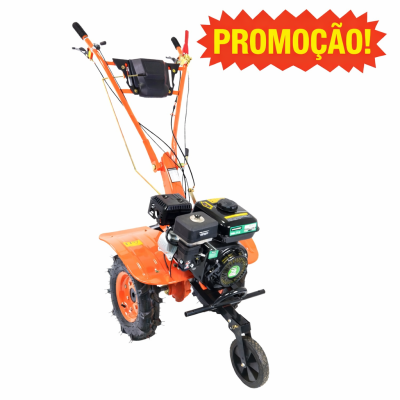 Motoenxada laranja com motor preto e rodas grandes, texto PROMOÇÃO em fundo branco.
