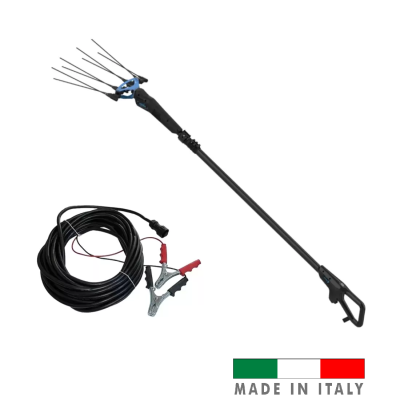 ferramenta agrícola com cabo longo e garras metálicas, cabo elétrico com garras para conexão, selo MADE IN ITALY