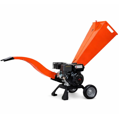 Triturador de galhos manual laranja e preto com motor e rodas