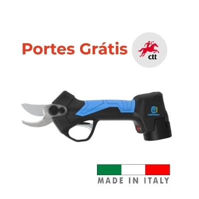 Tesoura de poda elétrica preta e azul com lâminas metálicas, texto Portes Grátis e bandeira italiana