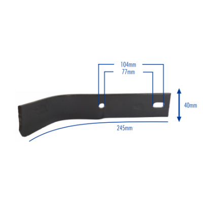 Peça de metal preto angular com orifícios e medidas indicadas em azul