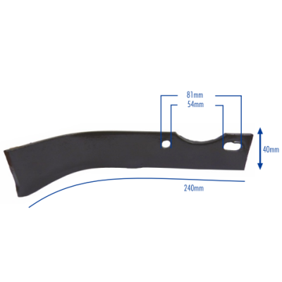 Peça metálica negra com orifícios e medidas em fundo branco