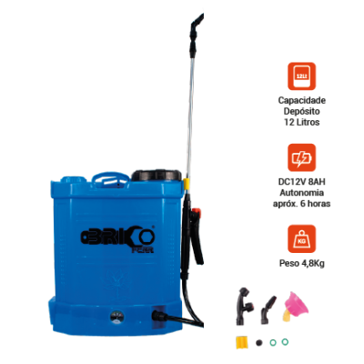 Pulverizador elétrico de mochila azul com acessórios e especificações