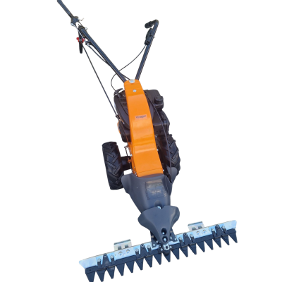 máquina de cortar relva motorizada laranja com lâmina metálica e rodas pretas