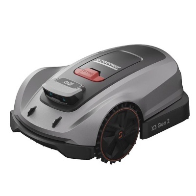 Robo cortador de relva Sunseeker X3 Gen 2 cinzento e preto com botão vermelho e câmara frontal Ai NAV
