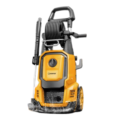 Máquina de lavar alta pressão amarela e preta com mangueira e pistola