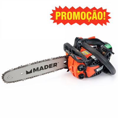 Motosserra MADER laranja e preta com lâmina de metal e corrente, texto PROMOÇÃO!