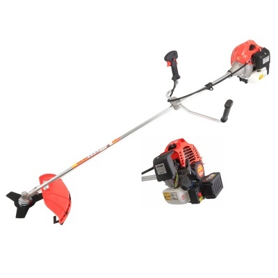 Roçadora a gasolina vermelha e preta com lâmina metálica e manípulo
