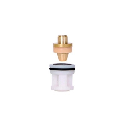 Peça técnica de metal dourado e plástico branco com anel preto