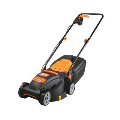 Corta-relvas elétrico preto e laranja com caixa de recolha