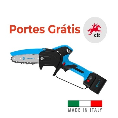 Motosserra elétrica azul e preta com bateria, texto Portes Grátis e madeiração Itália