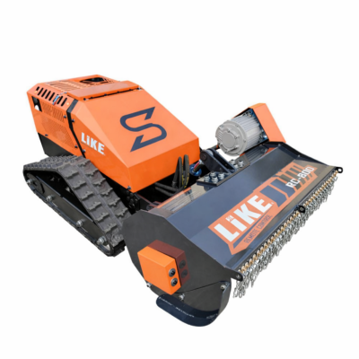 Máquina agrícola amarela e preta com esteiras e motor elétrico em fundo branco