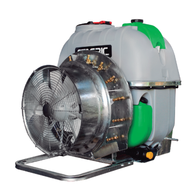 Pulverizador motorizado com depósito cinzento e verde e ventoinha metálica