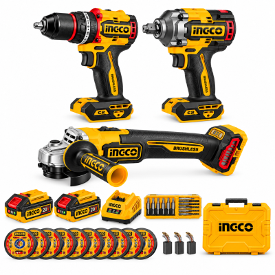 Conjunto ferramentas elétricas INGCO amarelo e preto com vários acessórios