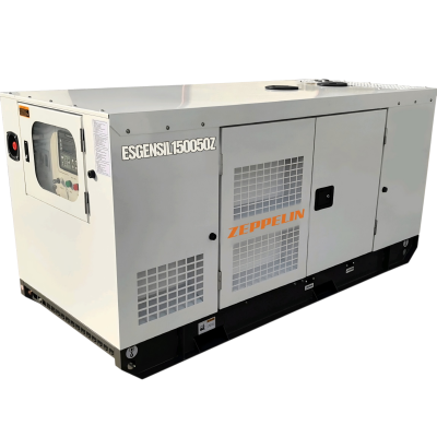 Gerador industrial cinza e branco com a palavra ZEPPELIN e modelo ESGENSIL 150050Z