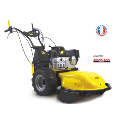 Máquina de corte de relva amarela e preta com motor Honda e selo Made in France