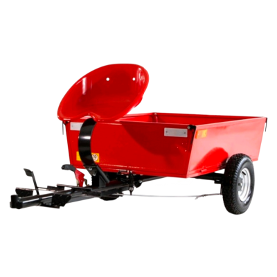 Reboque agrícola vermelho com pneus e assento vermelho aberto