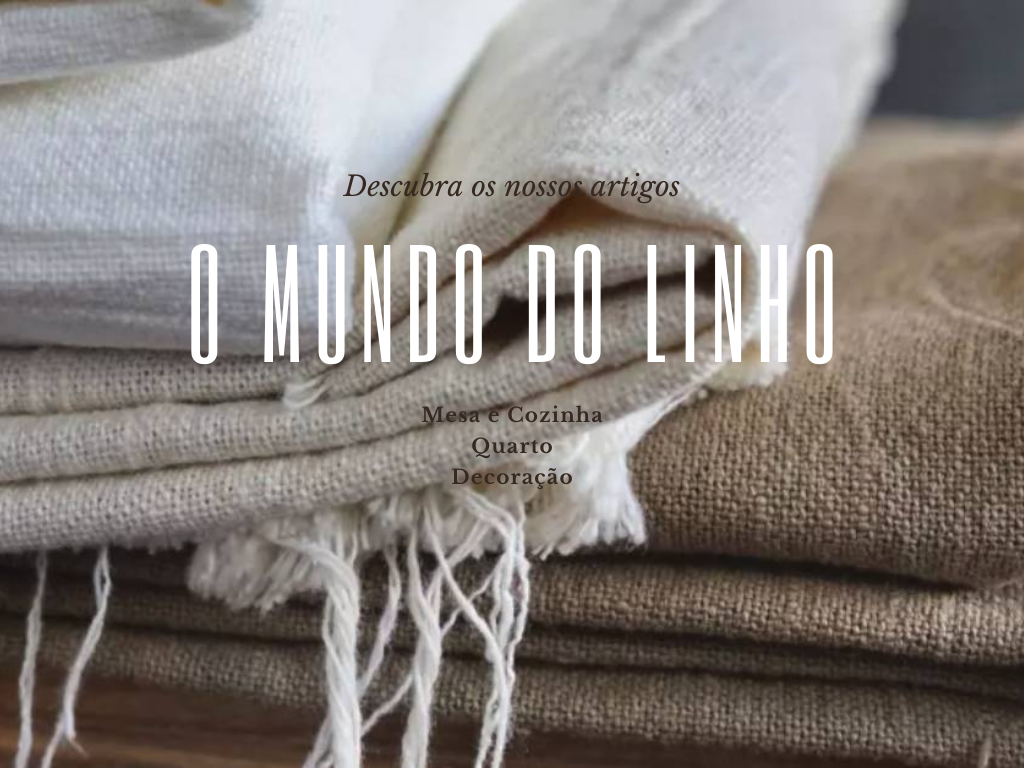 Têxteis de linho em tons naturais empilhados com texto promocional