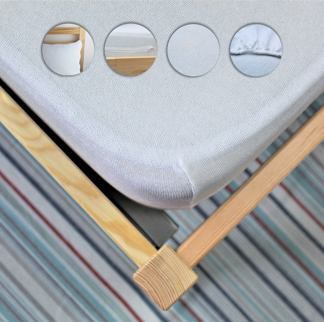 Protetor colchão Basic Colchão branco sobre estrutura de madeira clara com tapete riscado no chão