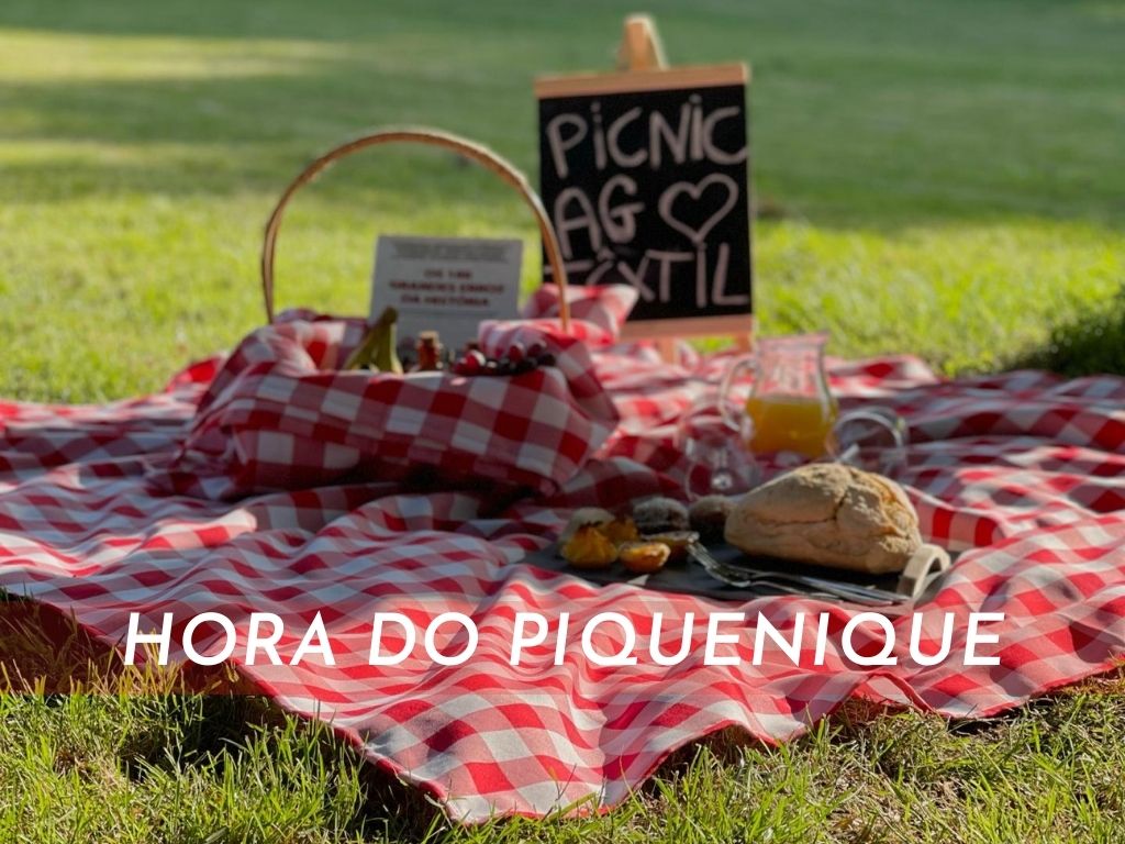 Manta de piquenique xadrez com cesta de vime, frutas, pão e placa preta ao ar livre