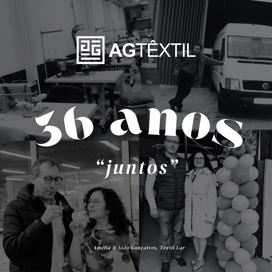 Colagem com imagens de oficina de costura, pessoas em ambiente de trabalho e balões, com texto comemorativo dos 36 anos da AGTÊXTIL.