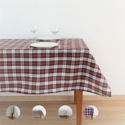 Toalha de mesa xadrez castanha, branca e vermelha em mesa de madeira com utensílios e fundo branco