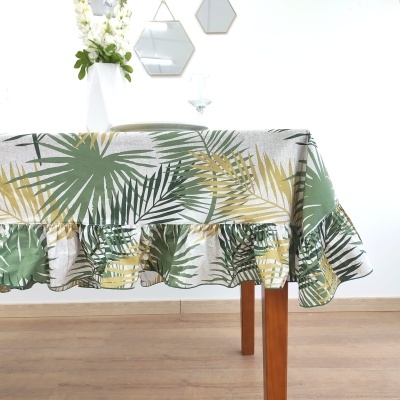 Toalha de mesa com padrão de folhas tropicais em verde e amarelo