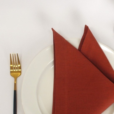 Guardanapo de tecido cor de ferrugem dobrado sobre prato branco com garfo dourado e preto