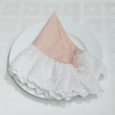 Guardanapo rosa com borda branca rendada sobre prato branco numa mesa com toalha branca.