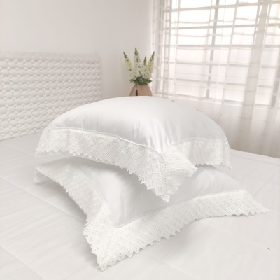 Dois almofadas brancas com renda bordada em cama branca, vaso com flores ao fundo